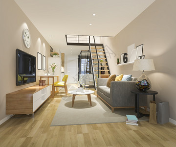 灯3d在上楼卧室附近建造白木客厅翻新斯堪的纳维亚语图片