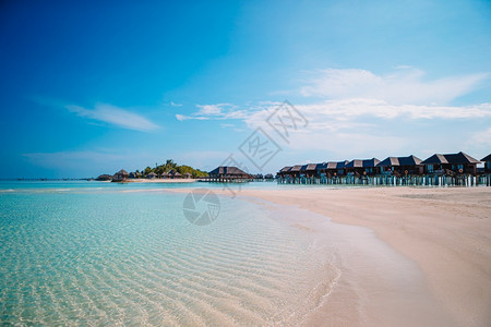 马尔代夫热带海滩有棕榈树和蓝色环礁湖马尔代夫天堂海滩美丽的有棕榈树和喜悦的天空暑假旅行期的背景概念马尔代夫海滩景观蜜月风图片