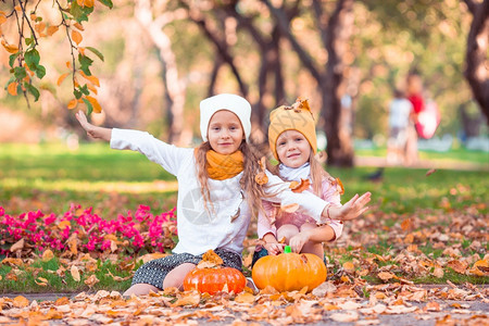 九月树木愉快可爱的小姑娘们在暖的秋天有南瓜户外的小姑娘们温暖的秋天孩子们肖像落到小奥克托波可爱的女孩们图片