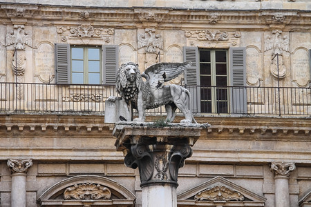 欧洲的建筑学一种意大利PiazzadelleErbeVerona的狮子雕像柱图片