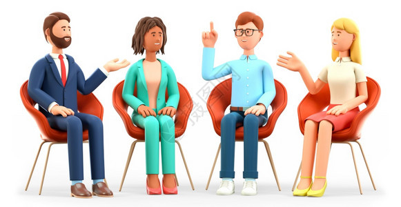 成功3D商业团队会议谈话和飞舞的3D插图以兴奋的方式展示商业团队会议谈话和歌舞表演快乐多元文化人士坐在椅子上的角色讨论小组治疗支图片