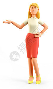 可爱的保持3D插图站立的漂亮金发美女用手指向方穿着红裙子笑有魅力的女商人可爱漫画将手握在腰上孤立白色背景上常设图片