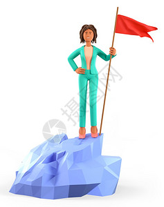 插图3D说明非洲女在山顶举着红旗可爱卡通漫画快乐的女商人在成功高峰达到目标实现领导力概念ACTCEP使成为最好的图片