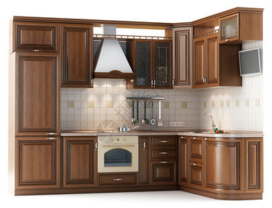 烤箱美丽的厨房家具用白纸上隔绝的木头制成屋财富图片