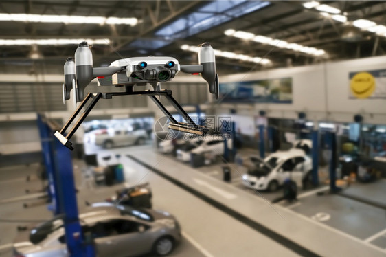 自主动驾驶仪具有汽车生产加工服务的无人机在工厂器高科技AI控制臂手动机器人中为汽车技术在库经销店中使用技术手机器人Metaver图片