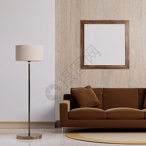 长椅深棕色面客厅家装饰房概念背景常电灯和混凝土墙壁3D楼的空木制图画布板以示显在地下水泥墙壁和3D楼层上扶手椅复古的图片