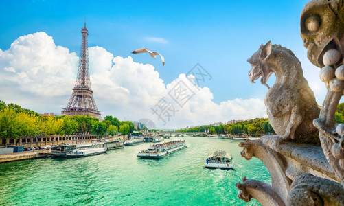 摩托艇船美丽的在巴黎与埃菲尔铁塔的塞纳白天与希梅拉西纳和图片
