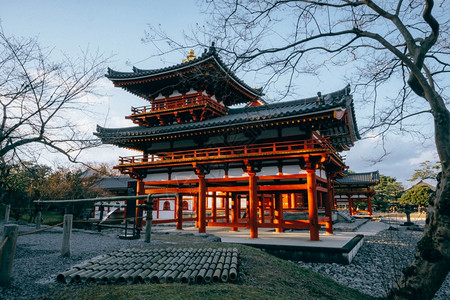 神道花园池塘日本京都Uji市著名的佛教寺庙比约多安的凤凰宫大厦背景图片