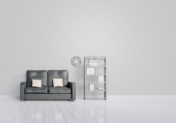 现代室内客厅设计用黑色沙发灰和木制光滑的地板和书架以及装有灰色和木花状地层的黑沙发起居室白色坐垫要素家与生活概念3D主题插图木制图片