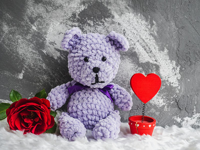 快乐的浪漫明亮外衣玩具盛开的红玫瑰和白格子片场照近身室内光鲜的外衣玩具和盛开的红玫瑰错过图片