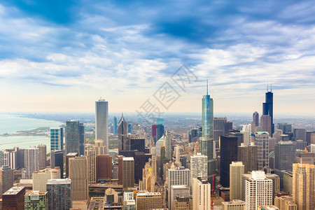 黎明城市美国伊利诺斯州芝加哥市中心高空直线华丽的图片