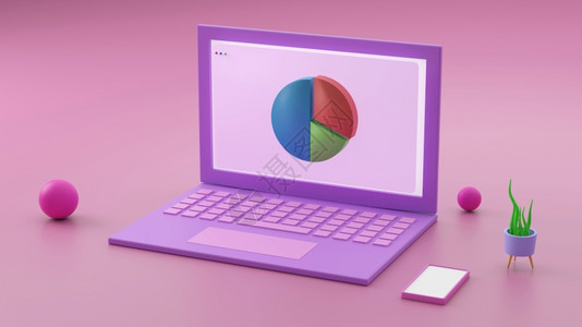 最小的网络空间三维最小概念台式笔记本电脑在桌上的工作粉红色和紫以及用笔记本和杯3制成的文本模拟图片