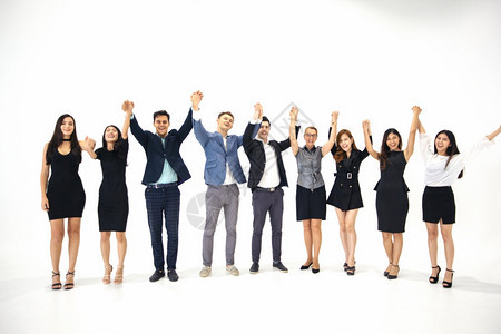 满意团队合作胜利欢笑快乐的商人和女实业家庆祝成功就举起臂膀露出大拇指的概念图片