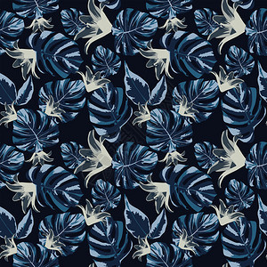热带外来植物灰花和深蓝叶子怪物a无缝黑色背景Trindy夜色矢量构成抽象的花朵图片