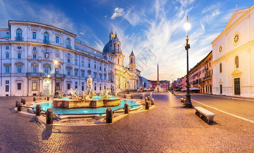 纳沃广场与莫尔喷泉和日落时巴西利亚意大罗马古老的日出意大利语图片