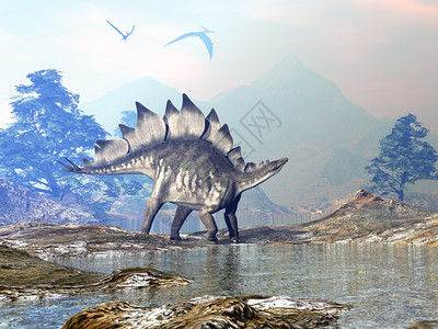 恐龙在美丽的风景中行走日落前有山和水3D使恐龙步行3D使D变成D数字的荒野怪物图片