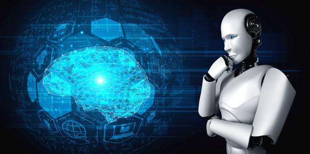 周到网络思考AI人形机器分析全息屏幕显示大脑概念和人工智能思维通过机器学习程3D插图思考概念全息图图片
