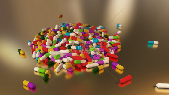 科学3D使多色医用药丸从上到下地跌落健康的处方图片