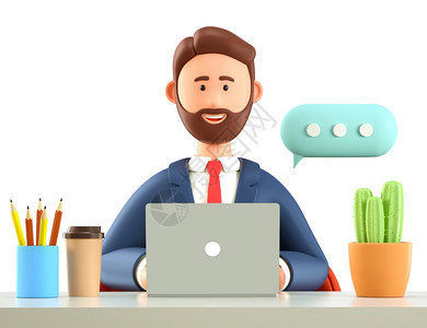 男人服务在职的3D插图在办公室用笔记本电脑坐在桌子上喝咖啡的笑脸胡子男CactusCute漫画商人物与大语音泡沫在计算机上聊天图片