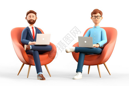 两个拥有笔记本电脑的快乐男子坐在手持主席卡通商人办公室工作及使用社交网络上Cartoon实业家在办公室工作团队合对话图片