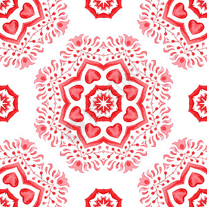 花的质地蔓藤纹红色装饰曼达拉红无缝装饰水彩色阿拉伯油漆瓷砖结构图案在白色背景的红装饰曼达拉图片