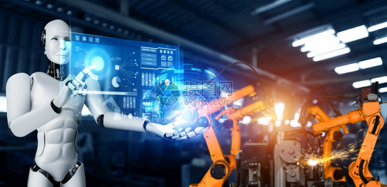 阿尔用于工厂生产装配的机械化工业器人和械臂工业革命和自动化制造过程的人工智能概念用于工厂生产装配的机械化工业器人和械臂半人未来图片
