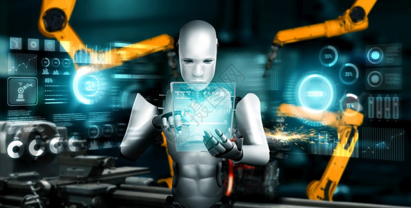 用于工厂生产装配的机械化工业器人和械臂工业革命和自动化制造过程的人工智能概念用于工厂生产装配的机械化工业器人和械臂数字的技术人形图片
