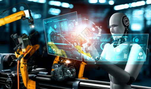创新科学行业用于工厂生产装配的机械化工业器人和械臂工业革命和自动化制造过程的人工智能概念用于工厂生产装配的机械化工业器人和械臂图片