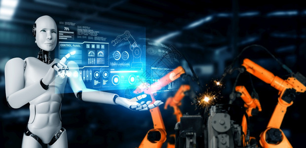商业工的科学用于厂生产装配的机械化工业器人和械臂工业革命和自动化制造过程的人工智能概念用于工厂生产装配的机械化工业器人和械臂图片