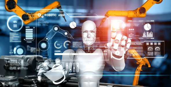 用于工厂生产装配的机械化工业器人和械臂工业革命和自动化制造过程的人工智能概念用于工厂生产装配的机械化工业器人和械臂武行业图片