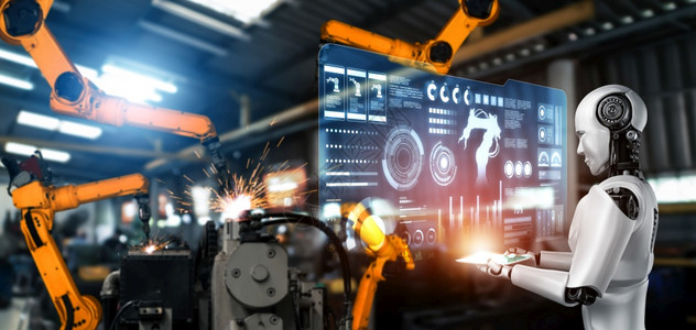 过程的人工智能概念用于工厂生产装配的机械化工业器人和械臂设计图片