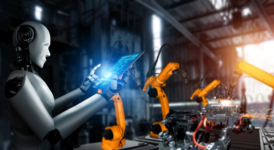 用于工厂生产装配的机械化工业器人和械臂工业革命和自动化制造过程的人工智能概念用于工厂生产装配的机械化工业器人和械臂阿尔白色的部件图片
