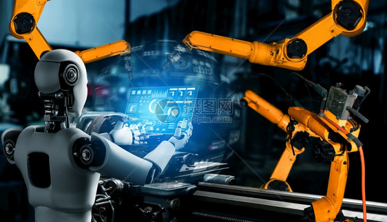 用于工厂生产装配的机械化工业器人和械臂工业革命和自动化制造过程的人工智能概念用于工厂生产装配的机械化工业器人和械臂网络手白色的图片