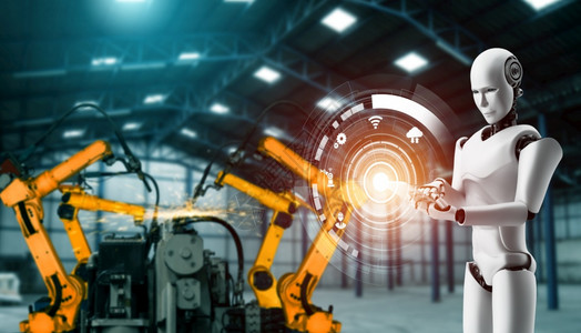 机器人技术行业应用程序于工厂生产装配的机械化工业器人和械臂工业革命和自动化制造过程的人工智能概念用于工厂生产装配的机械化工业器人图片