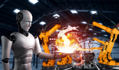 阿尔全息图工业的用于厂生产装配的机械化工业器人和械臂工业革命和自动化制造过程的人工智能概念用于工厂生产装配的机械化工业器人和械臂图片