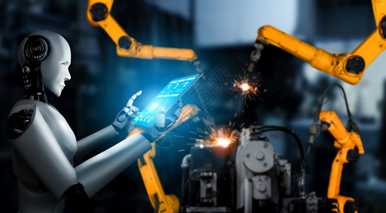 创新用于工厂生产装配的机械化工业器人和械臂工业革命和自动化制造过程的人工智能概念用于工厂生产装配的机械化工业器人和械臂全息图未来图片