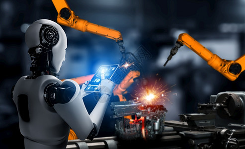 手用于工厂生产装配的机械化工业器人和械臂工业革命和自动化制造过程的人工智能概念用于工厂生产装配的机械化工业器人和械臂手形图片