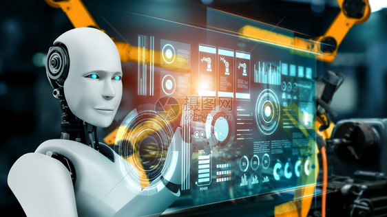 用于工厂生产装配的机械化工业器人和械臂工业革命和自动化制造过程的人工智能概念用于工厂生产装配的机械化工业器人和械臂技术未来图片