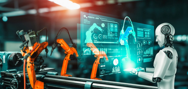 制造业应用程序全息图于工厂生产装配的机械化工业器人和械臂工业革命和自动化制造过程的人工智能概念用于工厂生产装配的机械化工业器人和图片