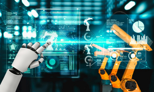 行业中断制造用于工厂生产装配的机械化工业器人和械臂工业革命和自动化制造过程的人工智能概念用于工厂生产装配的机械化工业器人和械臂图片