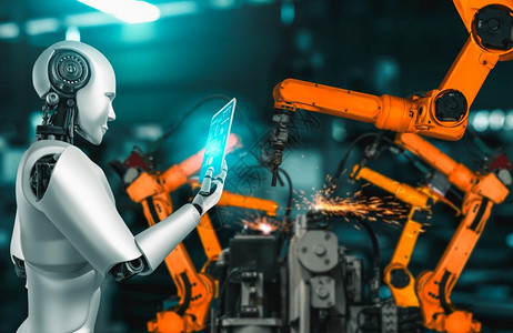 阿尔白色的网络用于工厂生产装配的机械化工业器人和械臂工业革命和自动化制造过程的人工智能概念用于工厂生产装配的机械化工业器人和械臂图片