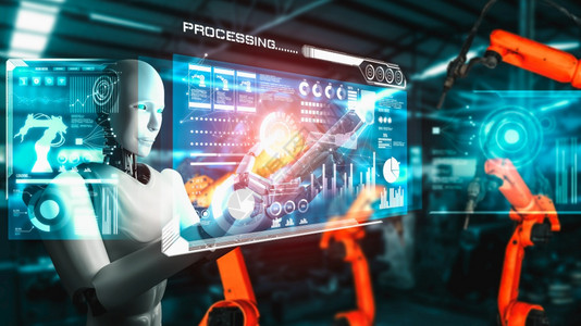 商业行虚拟现实用于工厂生产装配的机械化工业器人和械臂工业革命和自动化制造过程的人工智能概念用于工厂生产装配的机械化工业器人和械臂图片