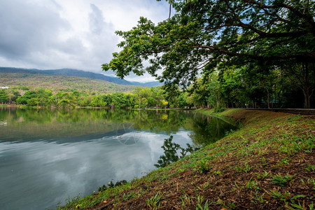 AngKaew清迈大学自然森林中的湖风景山地观蓝天与白云的春背景观爬坡道开奥图片