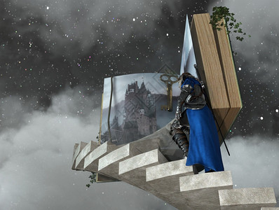 骑士爬楼梯到云中的故事书3d渲染骑士爬楼梯到云中的故事书幻想攀登时间图片