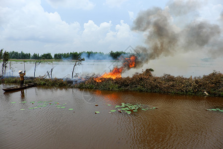 亚洲妇女乘轮船烧干树叶在洪涝季节打扫田地越南湄公河三角洲风景作物种植后在堤道上燃烧火焰烟雾飞向环境人们沟渠东图片