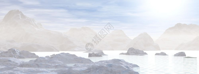 寒冷的清晨蓝色阳光下的冰山3D转化蓝色的风景图片