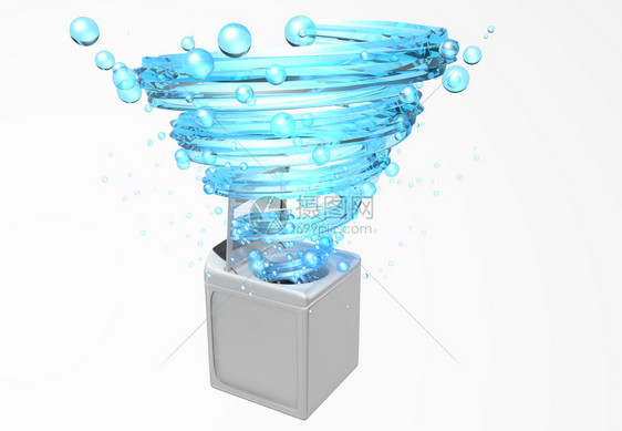 洗衣机的正面图门打开里面有一个螺旋形的蓝色水射流白背景中漂浮着气泡3D插图洗衣机门打开里面有一个蓝色的水射流在白背景插图中漂浮着图片