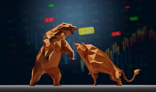 键费率折纸具有股票市场概念的低多边形3投法的公牛和熊标志图片