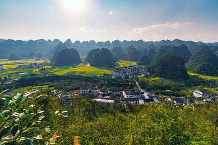 绿色种植园黄的万芬格林家地质公园森林十万山峰被的种子花卉田和村落图片