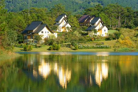 宣扬旅行Dalat村美丽的景观一群别墅在湖上反省绿松林新鲜空气纯环境越南大莱特蜜月浪漫景象等生态度假胜地花园图片
